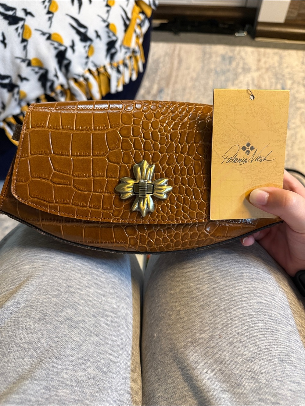 Patricia Nash Cognac Croc-Embossed Leather Clutch with Brass Floral Closure